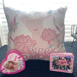 Vintage 1995 Barbie Doll Throw‎ Pillow 15"x15" 90s & Vintage 1997 Barbie Tins